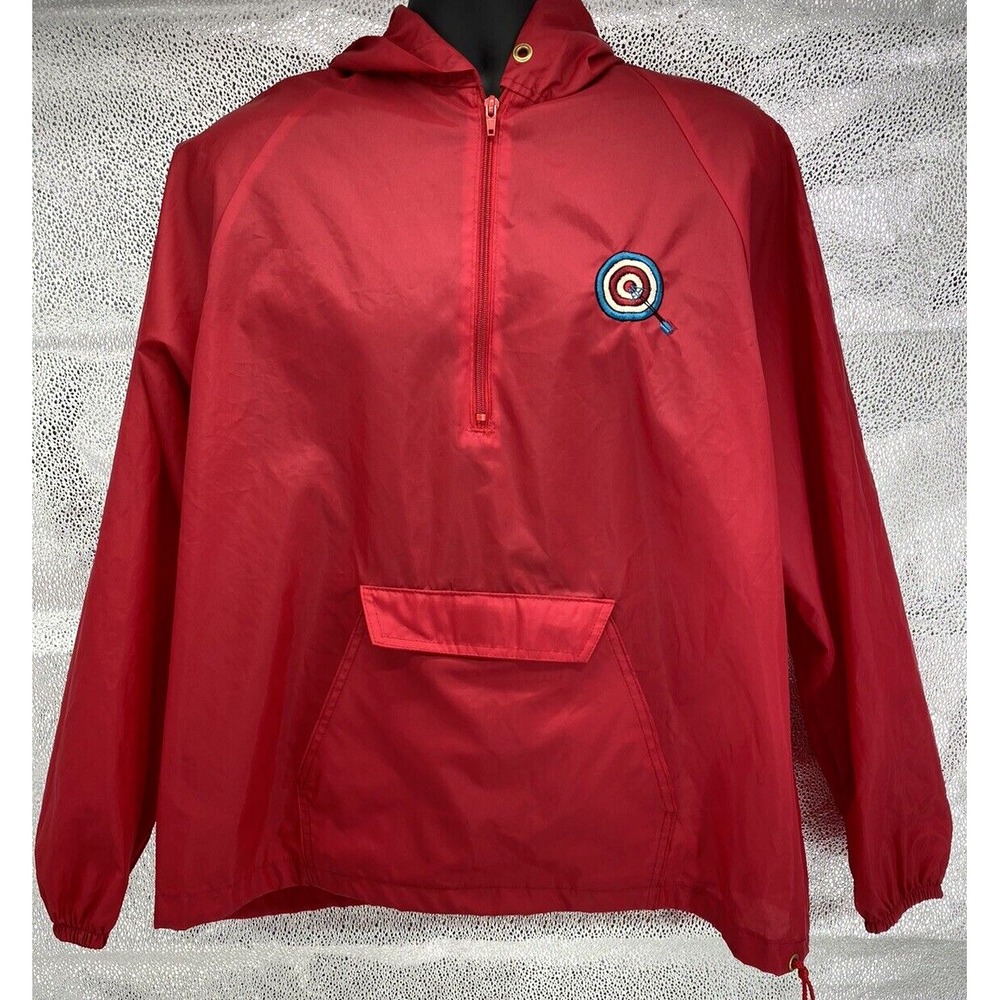 Vintage King Louie Windbreaker Jacket Sz L Red 1/4 Zip Bullseye Archery USA